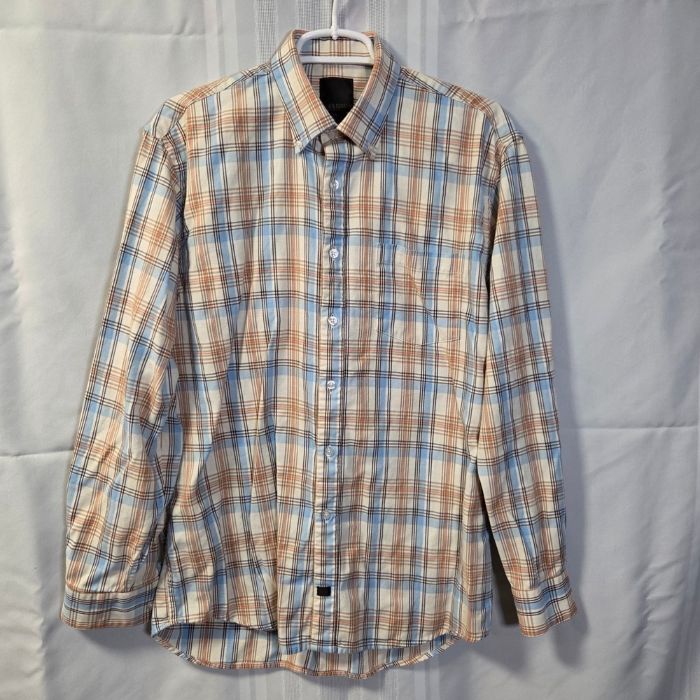 F/X Fusion Button Down Shirt Mens L Blue Orange Plaid Long Sleeve Cotton Pocket